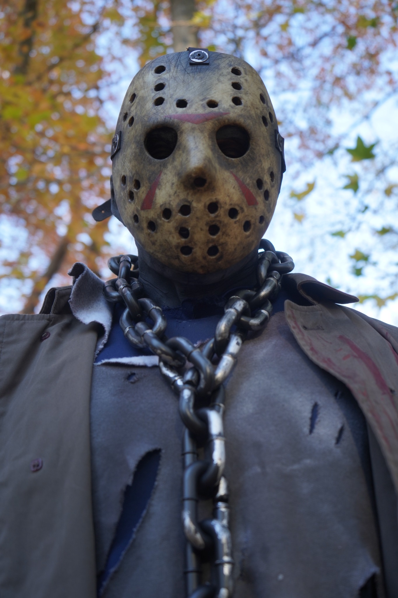 Close-up of the scare character's mask and costume